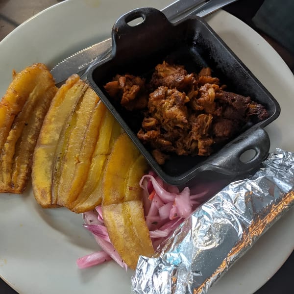 Mexican dish with shredded meat in a cast iron dish, fried plantains, pickled onions, and a foil-wrapped item.